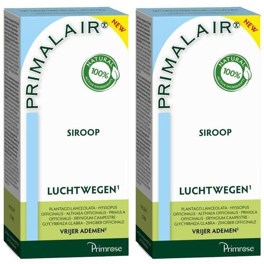 Twee pakken Primrose Primalair siroop voor de luchtwegen. Natuurlijke ingrediënten.