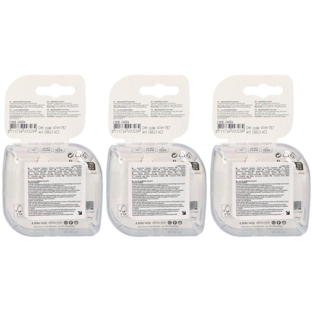 Trois sucettes Difrax Dynamic Botanic sous emballage individuel.