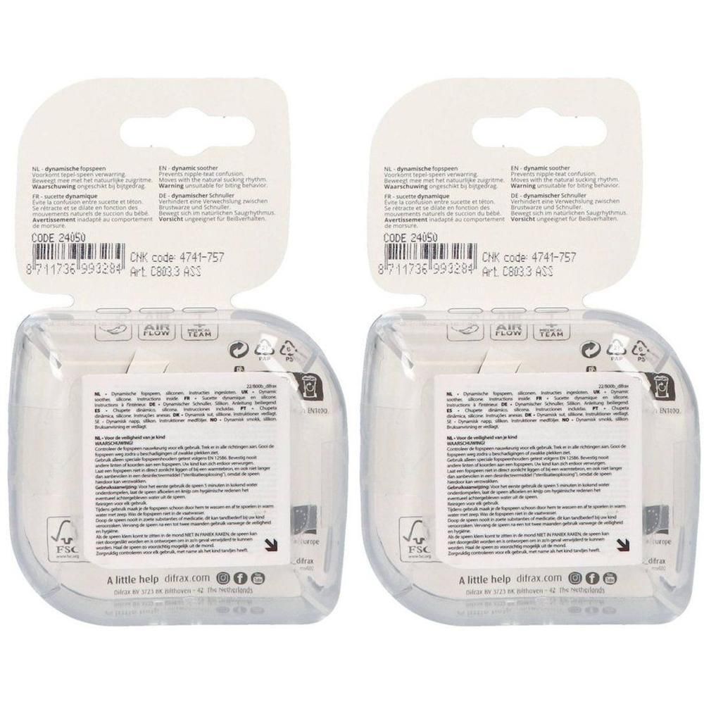 Twee Difrax Dynamic Botanic speentjes, 18+ maanden, in blisterverpakking.