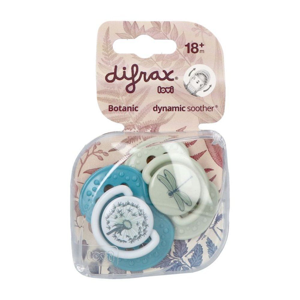 Sucettes Difrax Dynamic Botanic 18 mois et plus avec motifs libellule et pissenlit.