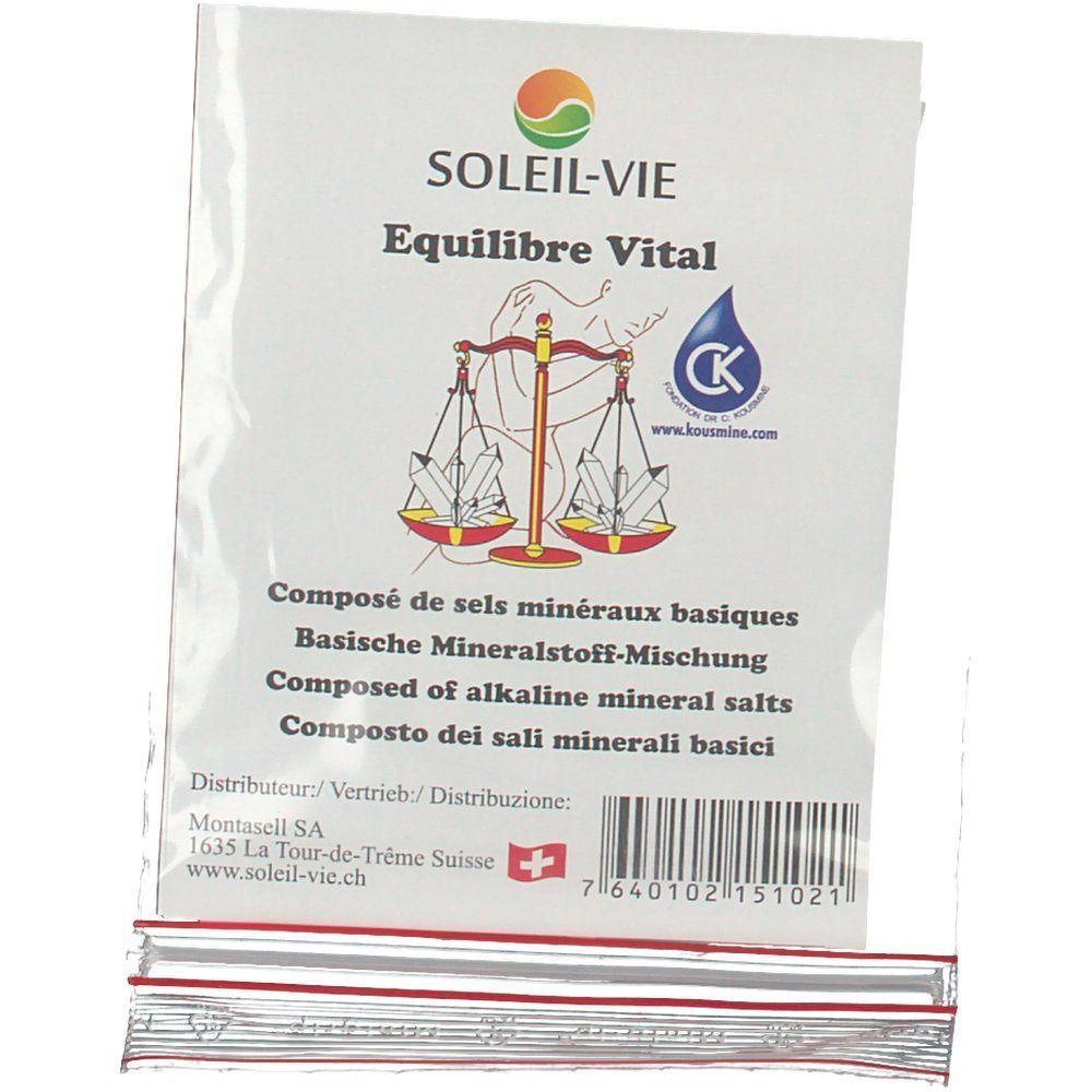 Verpakking van Soleil-Vie Equilibre Vital, samengesteld uit alkalische mineralenzouten. Weegschaal symbool.