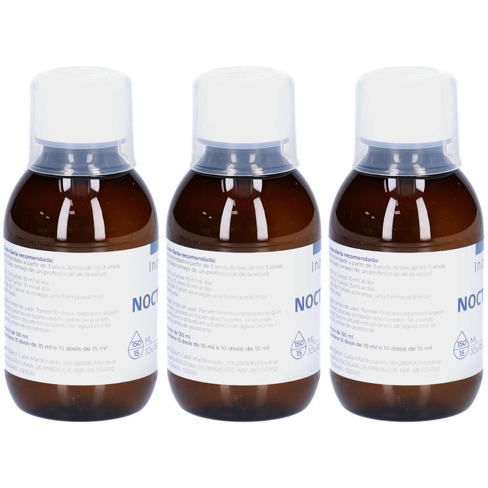 Drie bruine glazen flesjes met witte doppen, elk 30 ml.