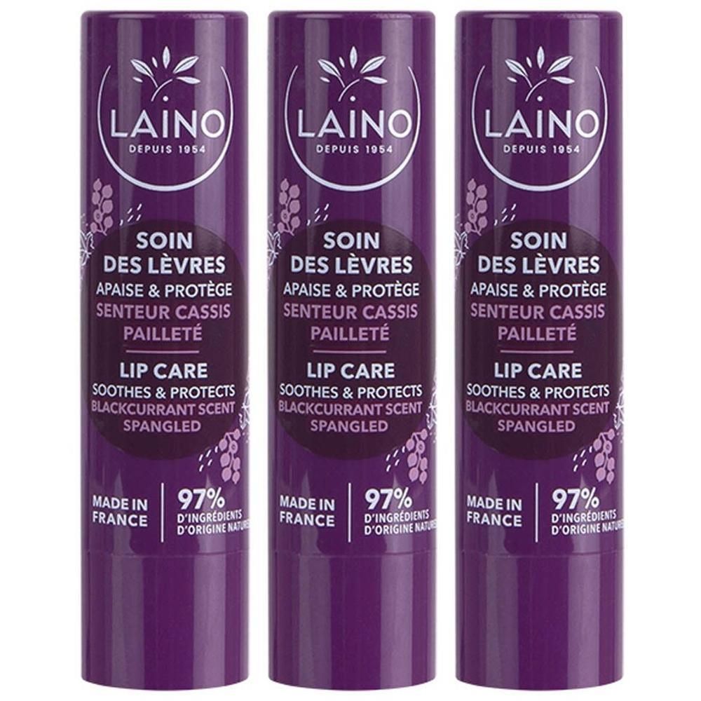 Trois sticks Laino Soin des Lèvres Cassis, pailleté.