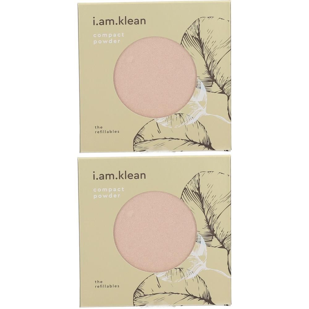 Deux paquets de poudre compacte i.am.klean avec une poudre ronde rose pâle visible dans la fenêtre.