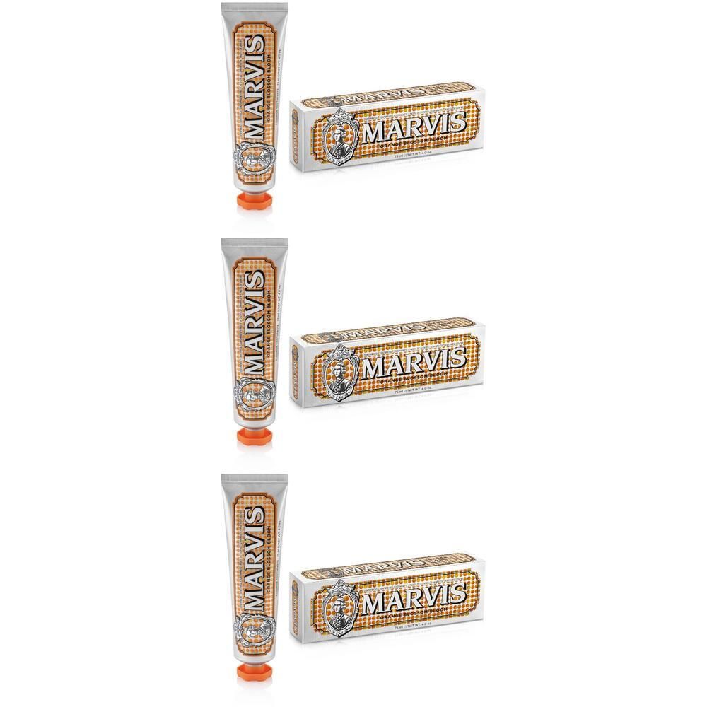 Drie Marvis tandpastabuizen en -dozen met oranjebloesem design.