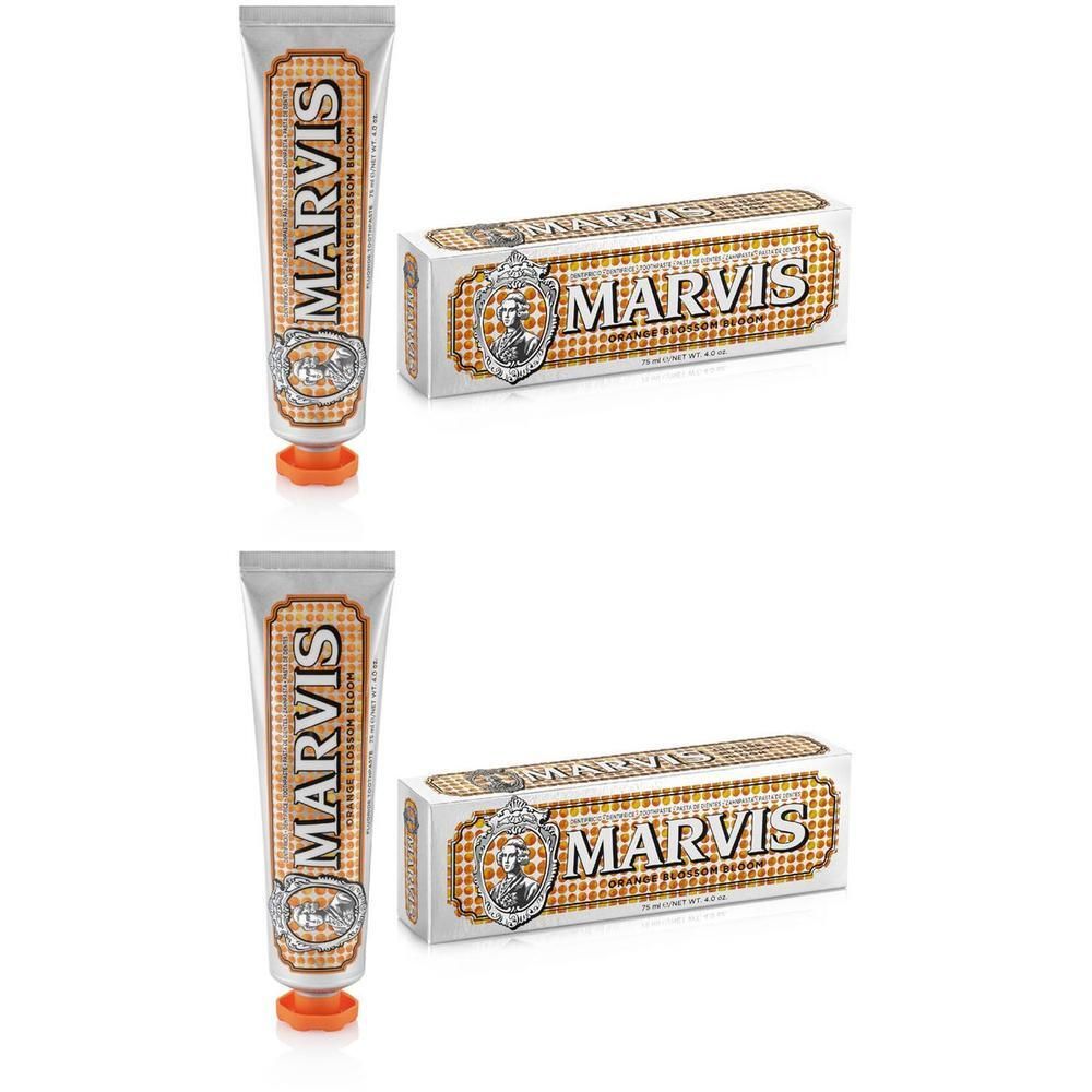 Deux tubes et boîtes de dentifrice Marvis au design fleur d'oranger.