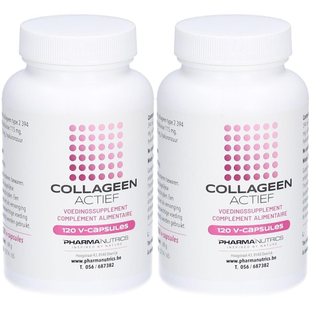 Deux flacons blancs contenant des capsules de collagène. Chaque flacon contient 120 V-capsules.