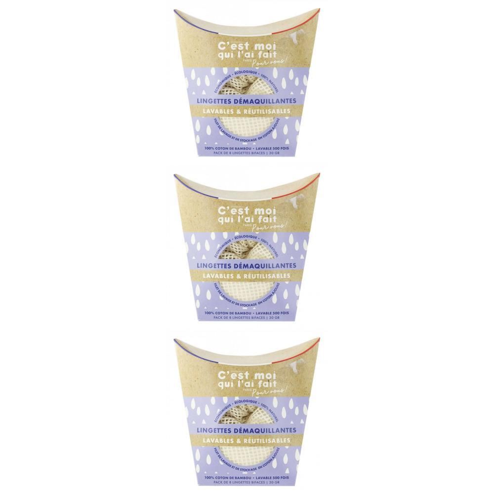 Trois paquets de lingettes démaquillantes réutilisables en bambou.