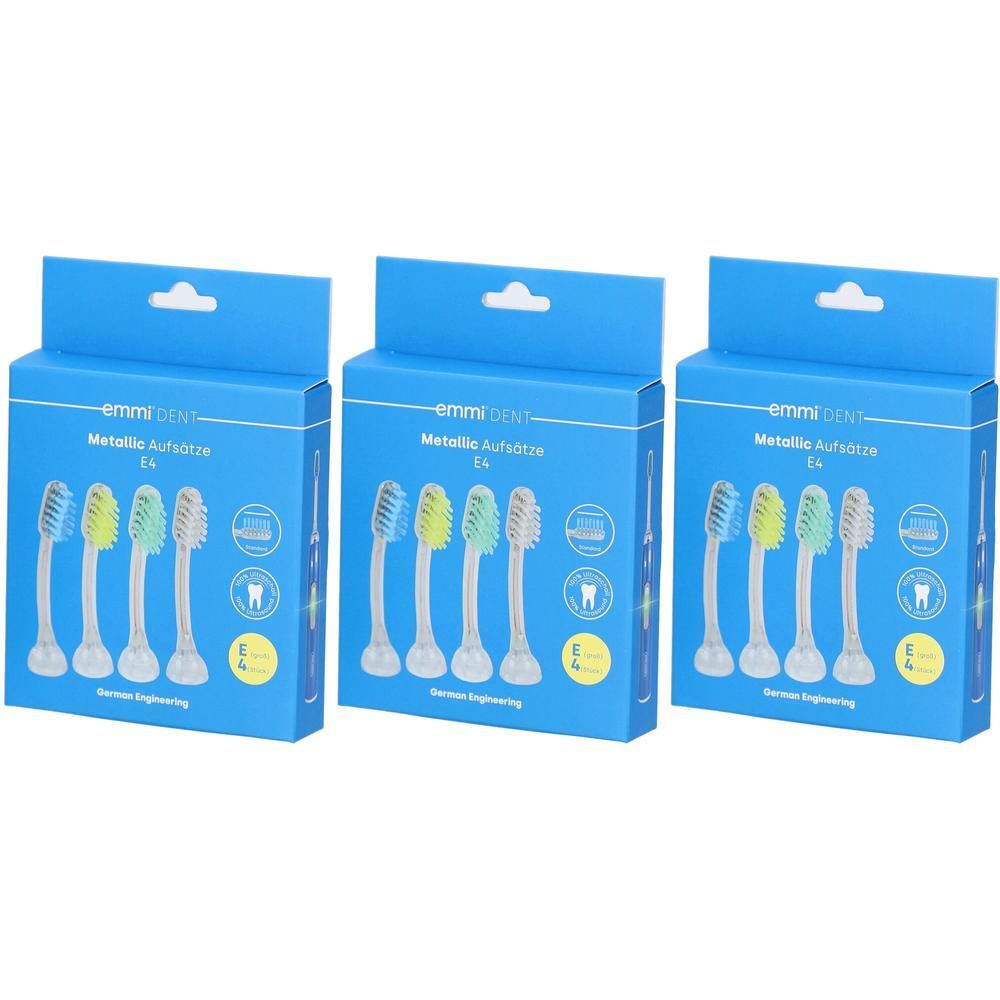 Trois paquets de têtes de brosse Emmi-Dent E4, chacun contenant cinq têtes de couleurs différentes.