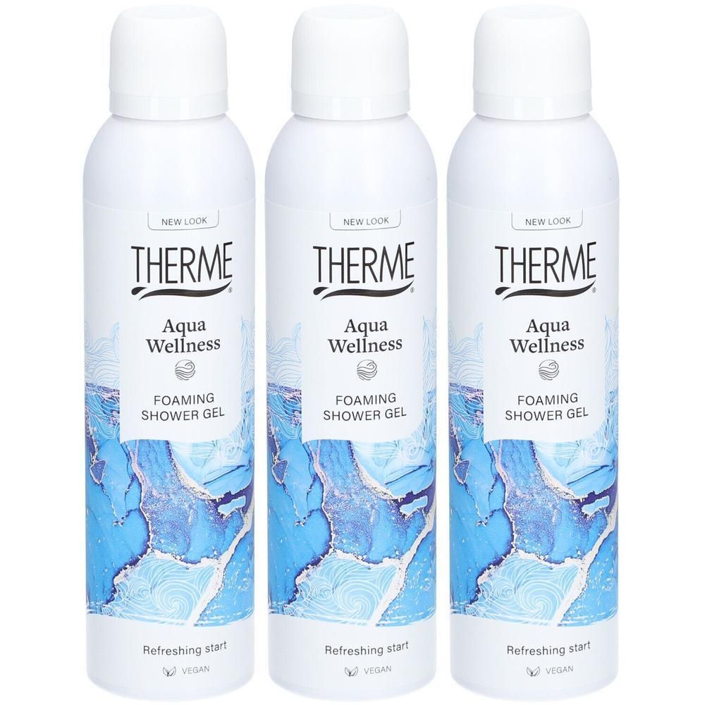 Trois flacons blancs de mousse de douche Therme Aqua Wellness avec un motif ondulé bleu.