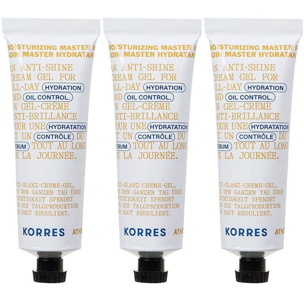 Trois tubes de KORRES Anti-Shine Cream Gel pour hydratation et contrôle du sébum.