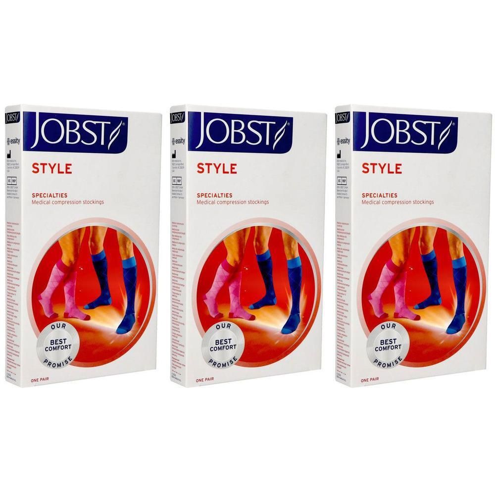 Drie dozen Jobst Style medische compressiekousen in roze en blauw.