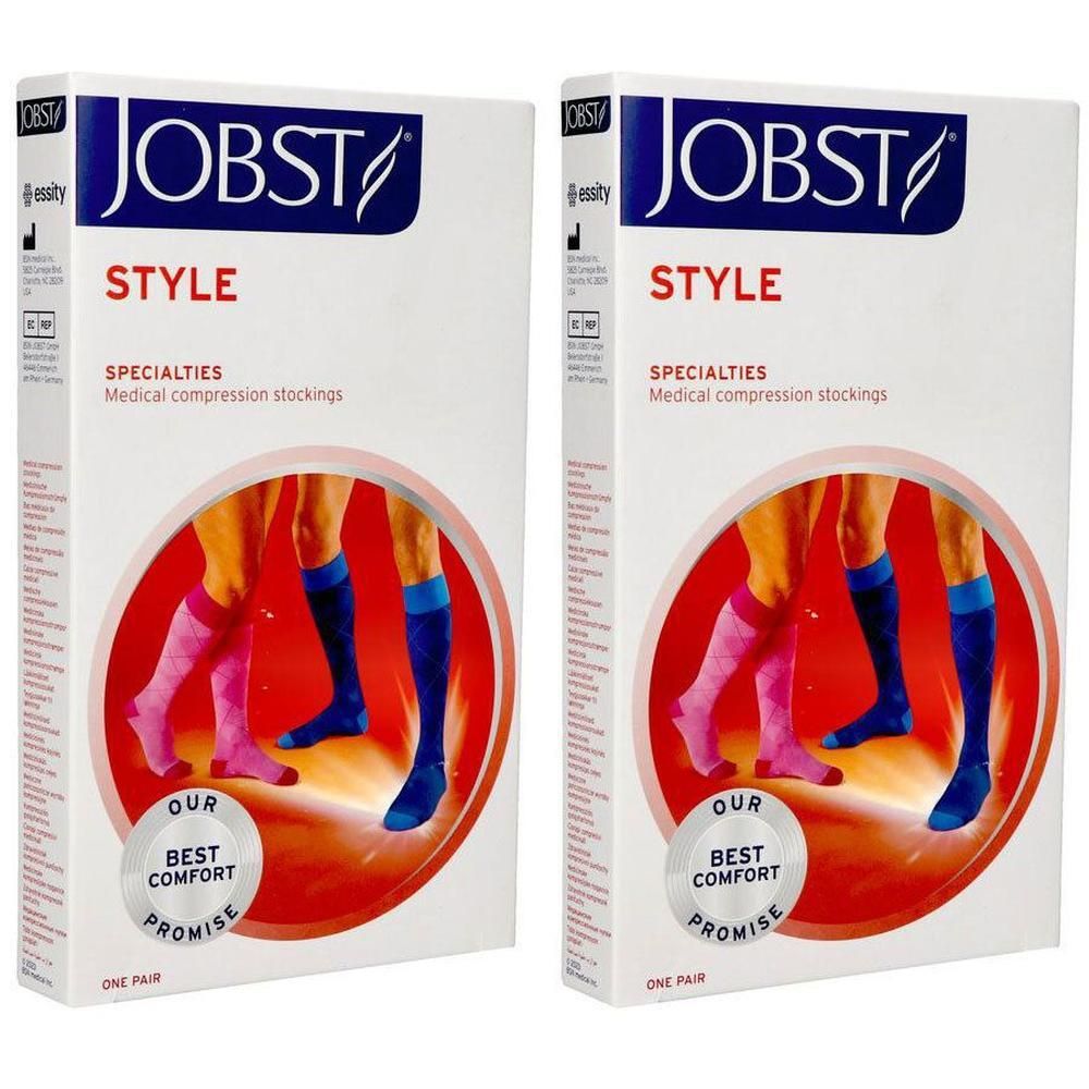 Twee dozen Jobst Style medische compressiekousen. Eén doos toont roze, de andere blauwe kousen.