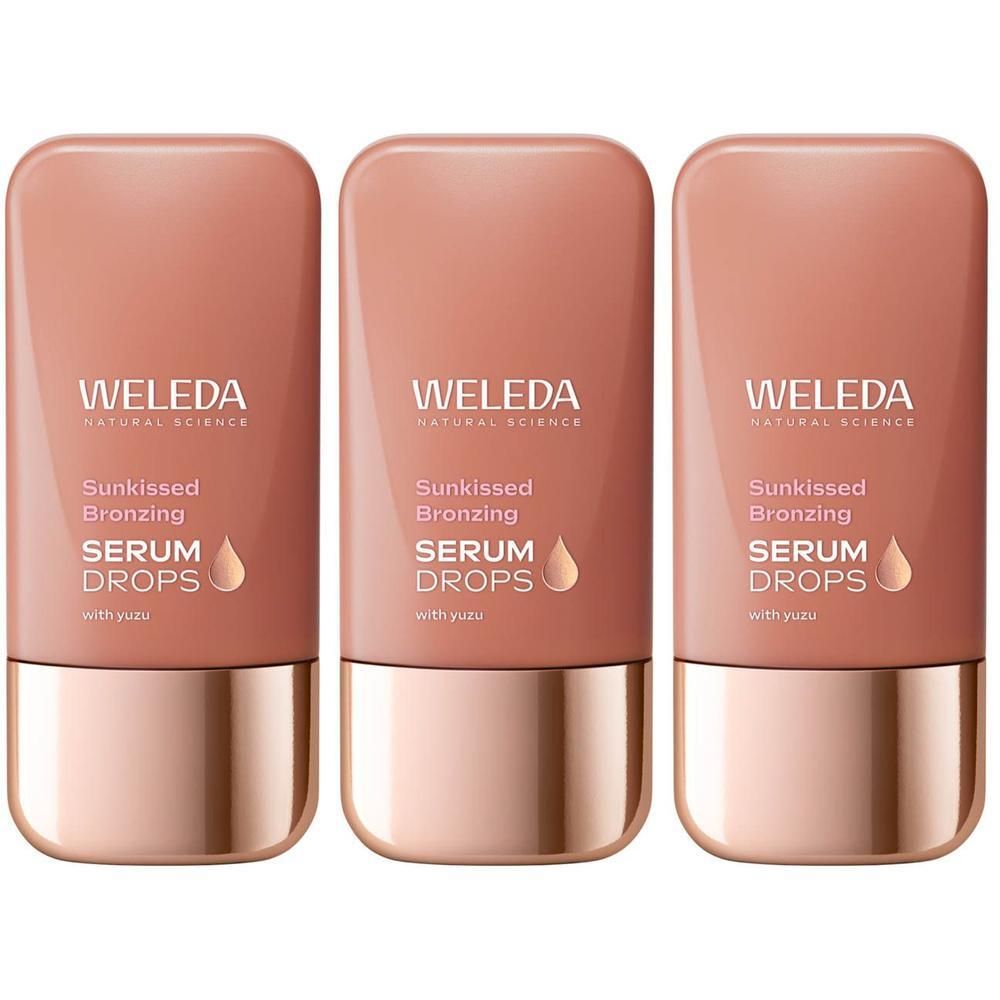 Drie Weleda Sunkissed Bronzing Serum Drops flesjes in roségoud.