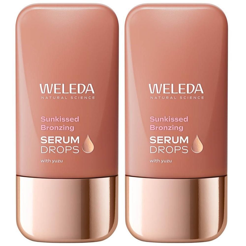 Deux flacons de gouttes de sérum bronzant Weleda Sunkissed avec yuzu.