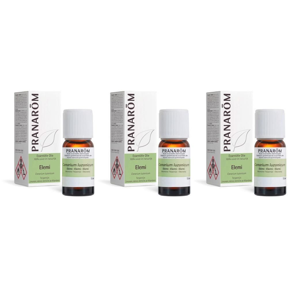 Drie flesjes Pranarôm Essentiële Olie Elemi met verpakking.