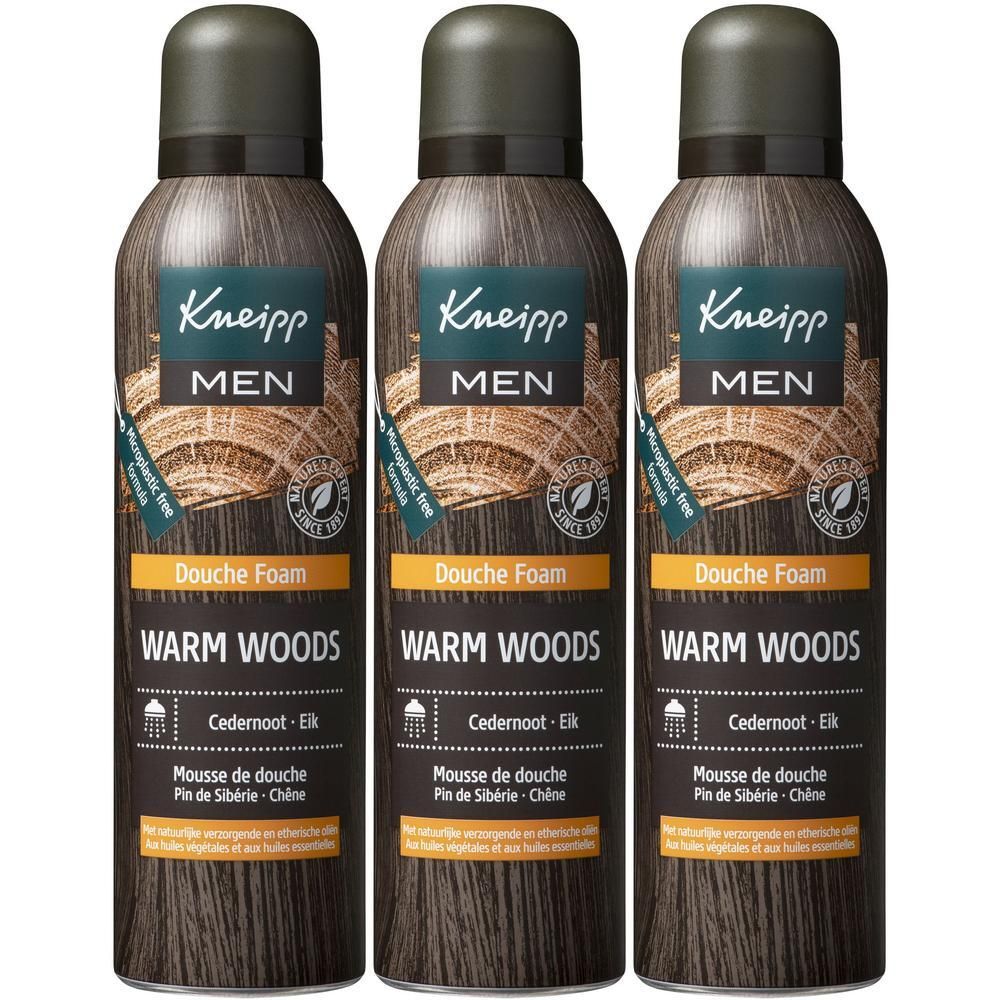 Trois flacons de mousse de douche Kneipp Men Warm Woods, pin de Sibérie et chêne.