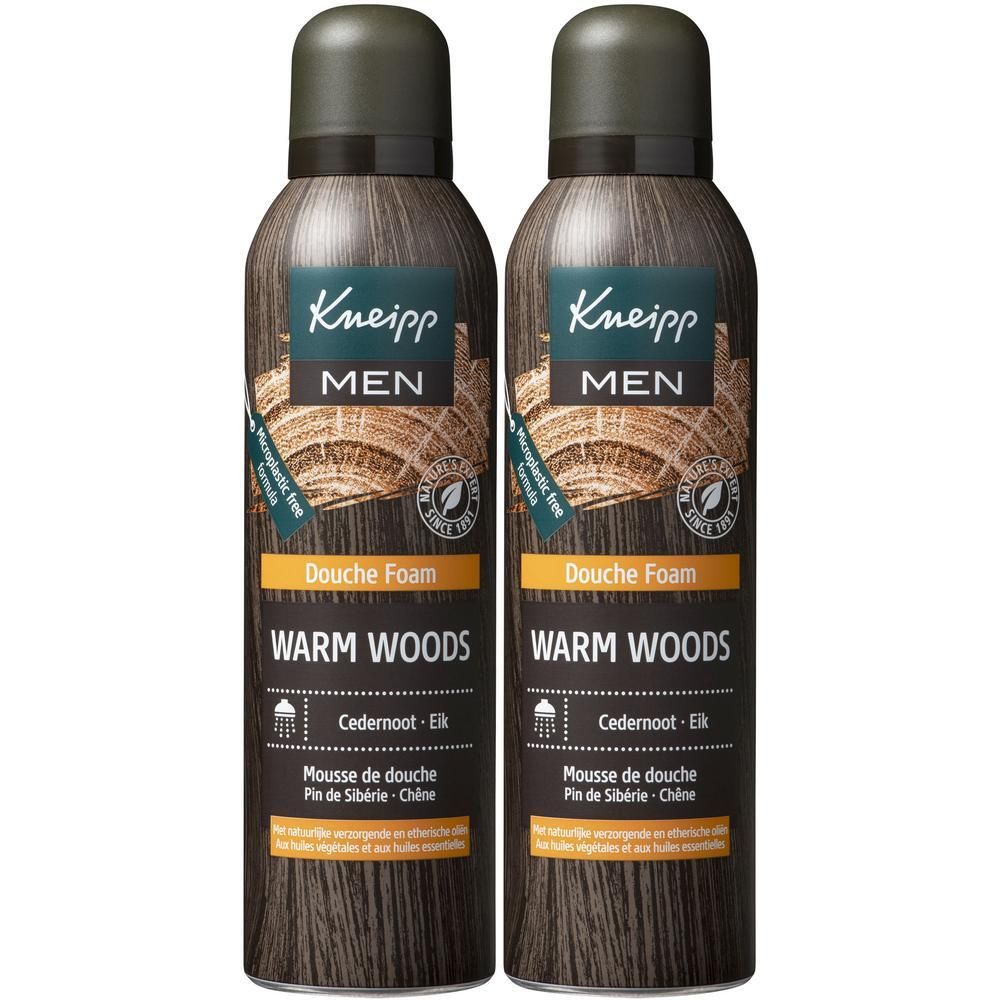 Deux flacons de mousse de douche Kneipp Warm Woods, pin de Sibérie et chêne.