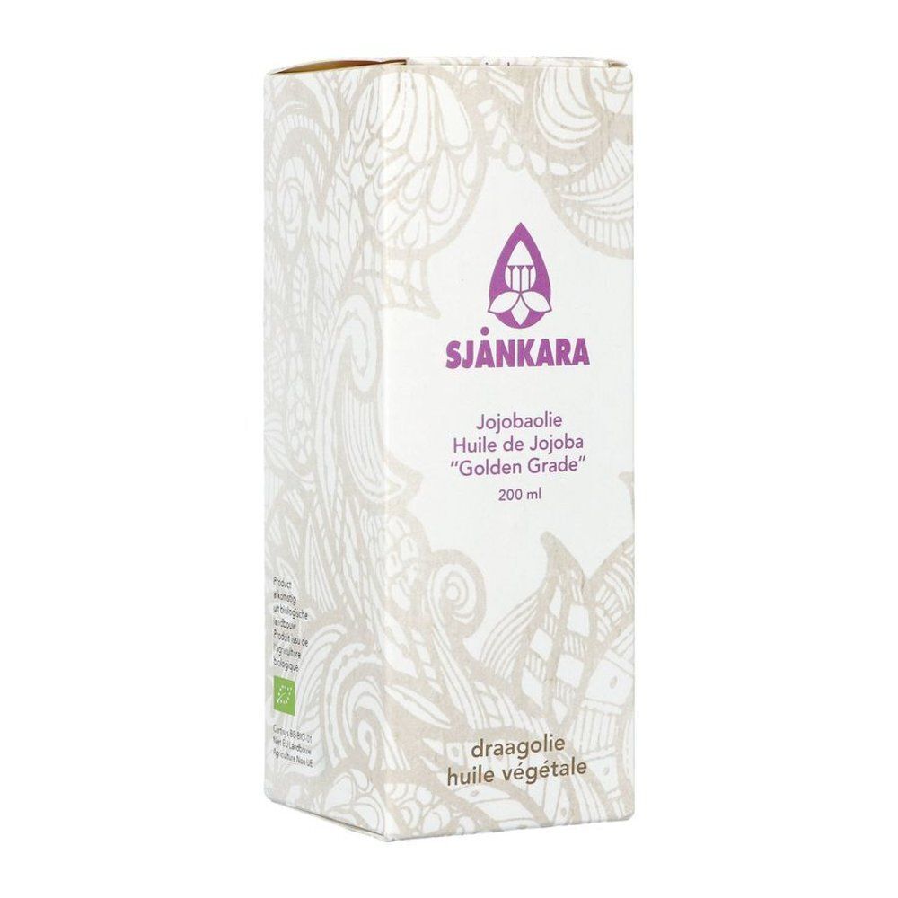 Verpakking voor Sjankara Jojobaolie "Golden Grade" 200ml.