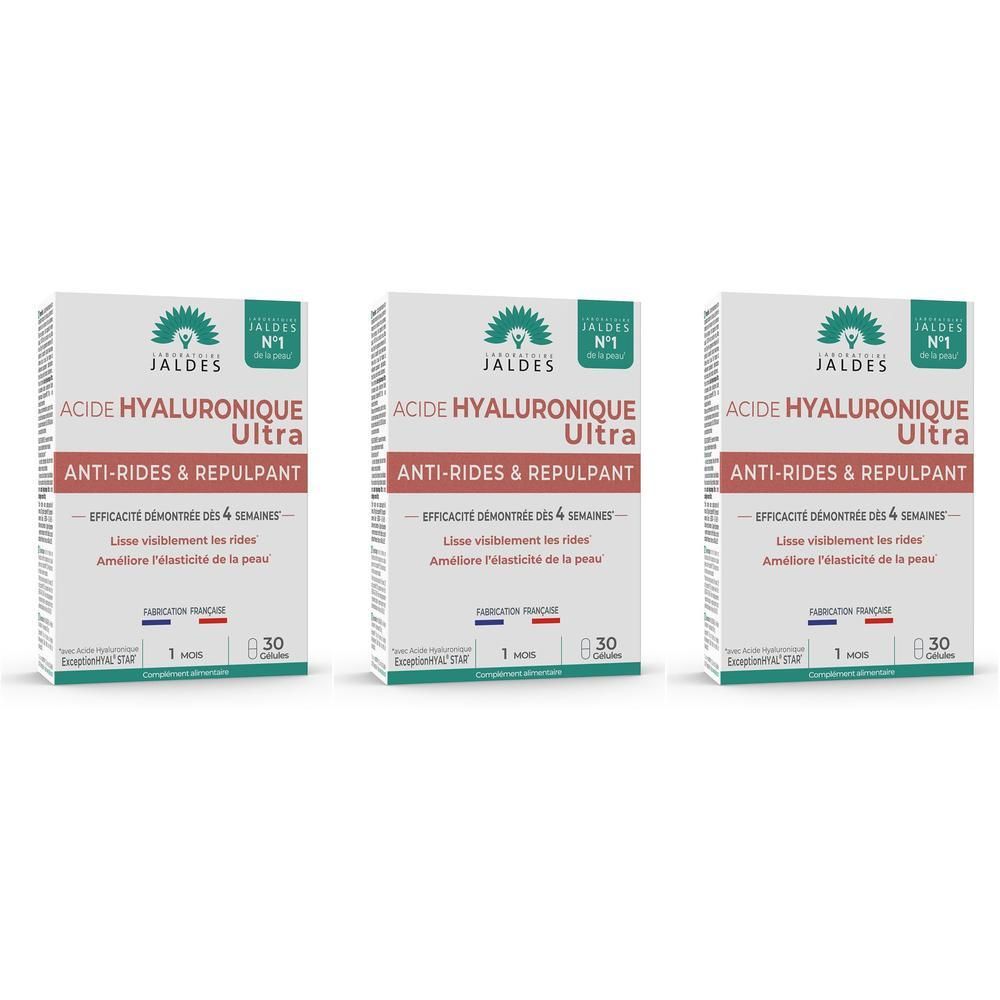 Trois boîtes de Jaldes Acide Hyaluronique Ultra, Anti-Rides & Repulpant, 30 gélules par boîte.