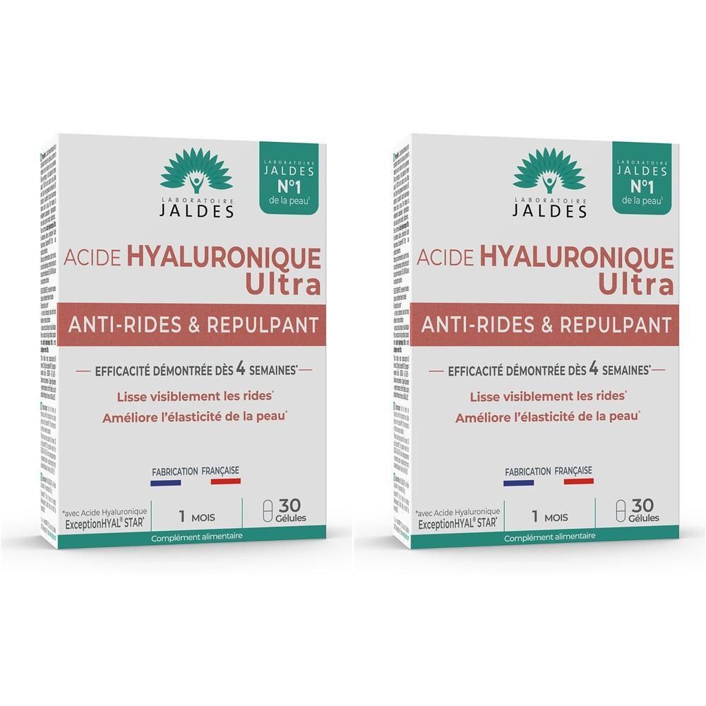 Twee verpakkingen Laboratoire Jaldes Hyaluronzuur Ultra, Anti-rimpel & opvullend, 30 capsules.