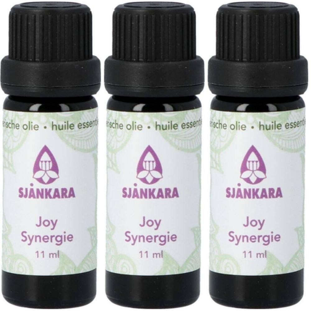 Drie flesjes Sjankara Joy Synergie etherische olie, elk 11 ml.