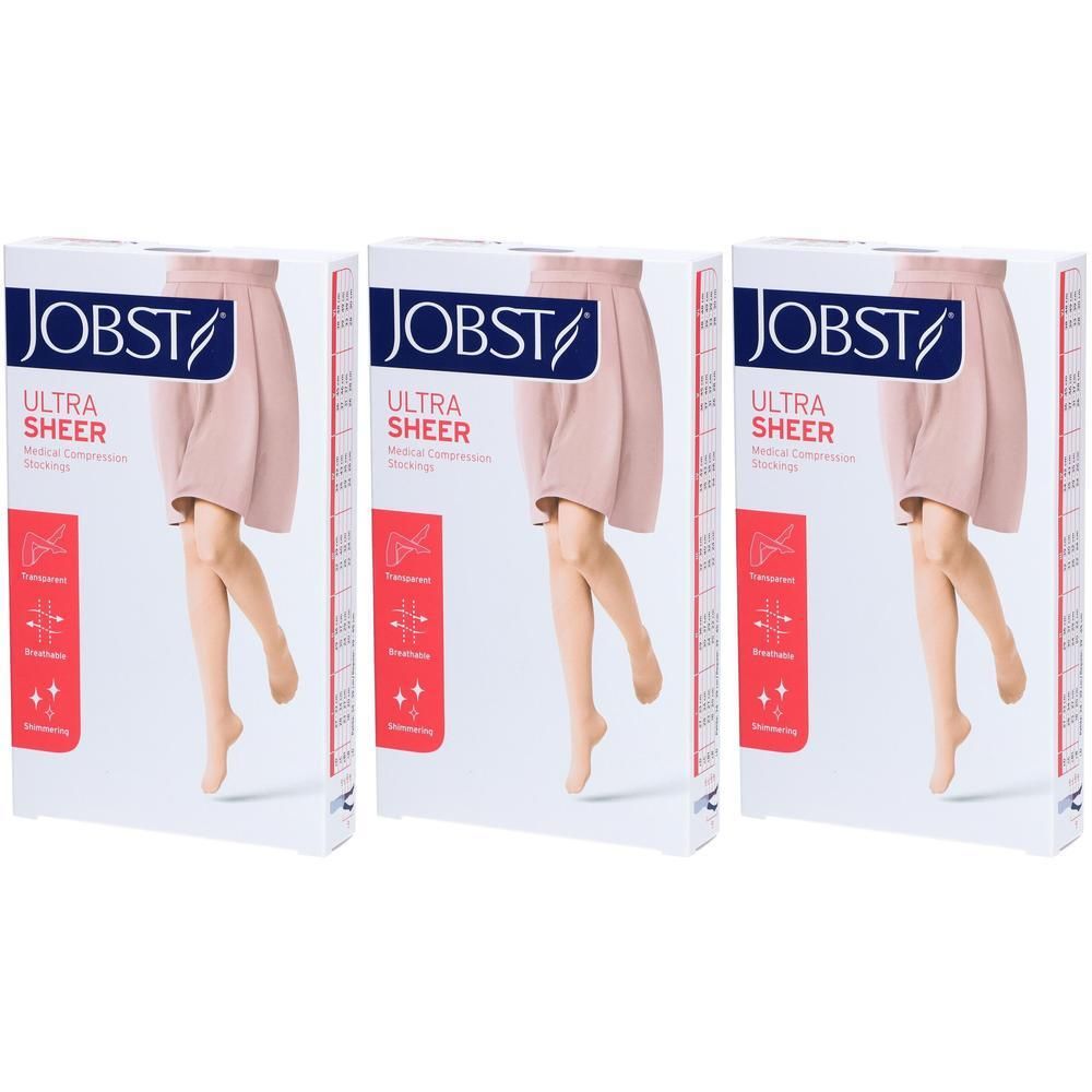 Trois boîtes de bas de contention JOBST Ultra Sheer couleur chair. L'emballage montre une femme portant des bas.