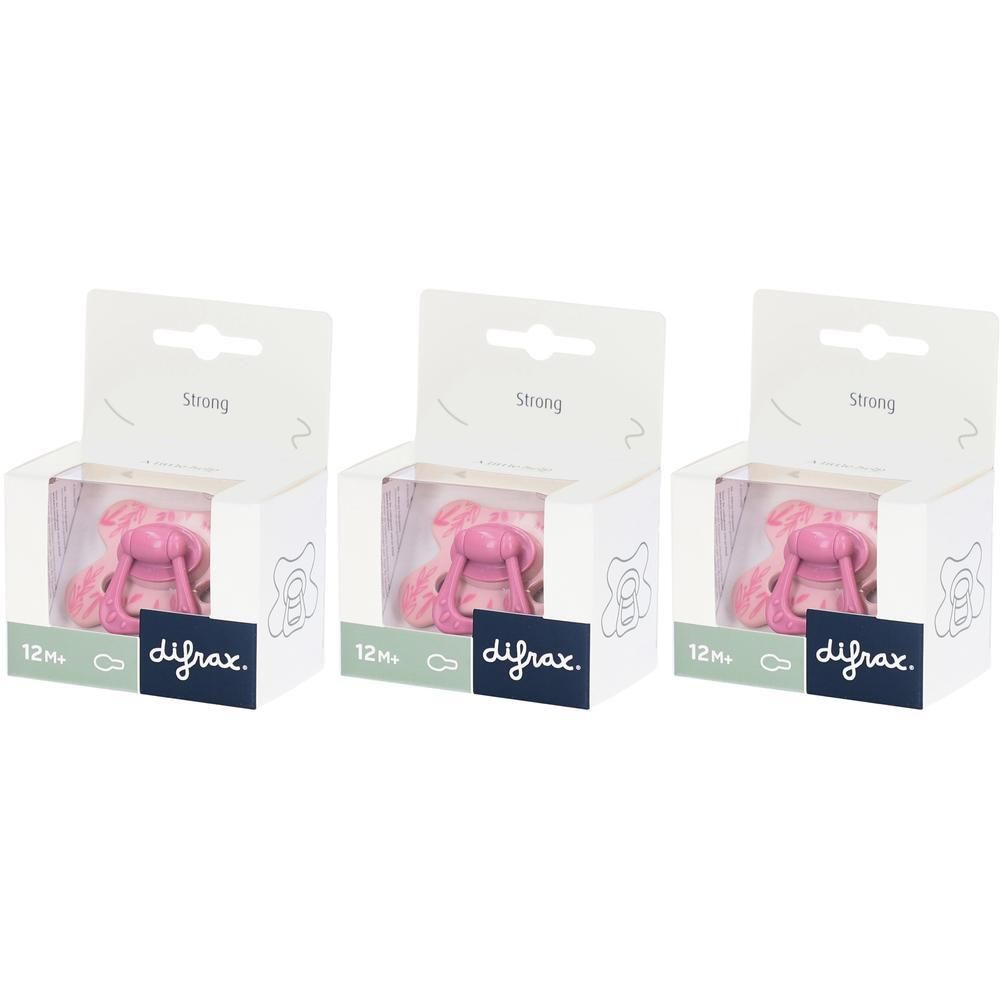Drie Difrax fopspenen in roze met bladerenprint, 12m+.