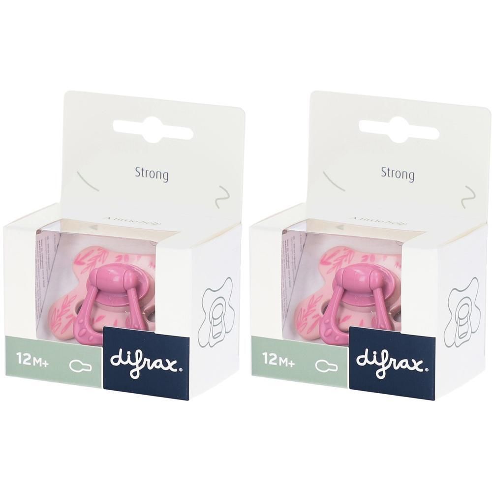 Twee Difrax fopspenen in roze, 12M+, in verpakking.