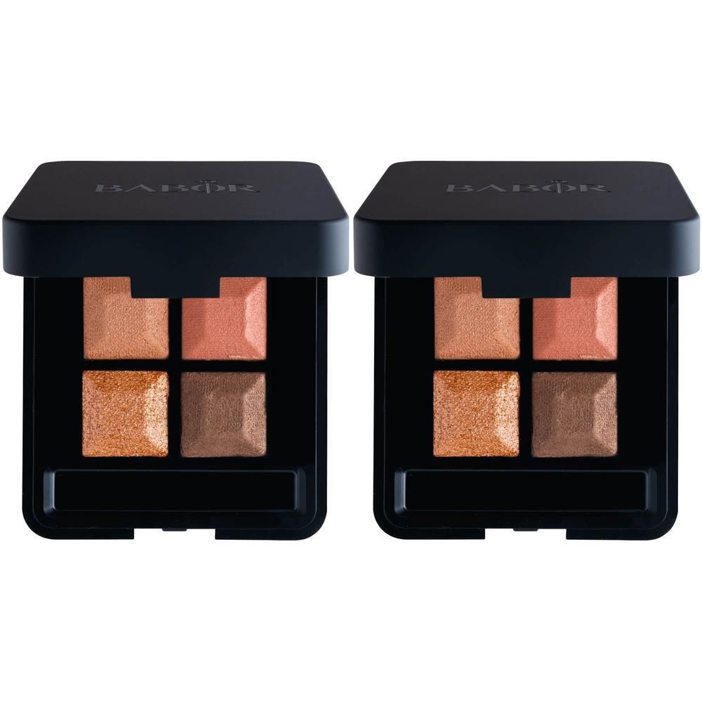 Twee Babor Eye Shadow Quattro palettes met elk vier bruine en roze tinten.