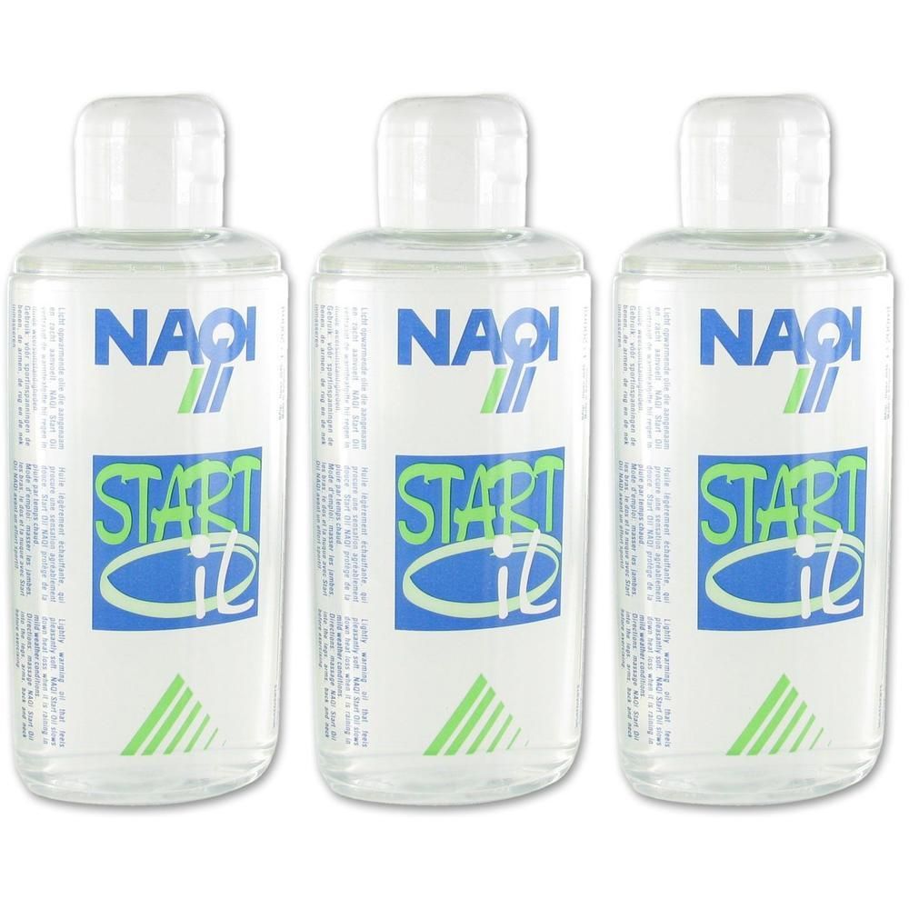 Trois bouteilles d'huile Naqi Start avec bouchon blanc et étiquette.