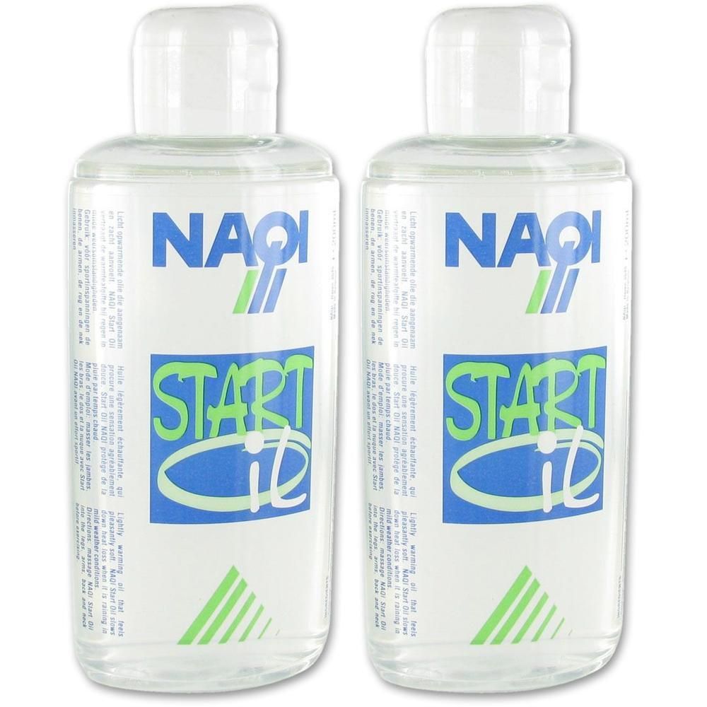 Deux flacons transparents avec étiquette Naqi Start Oil.