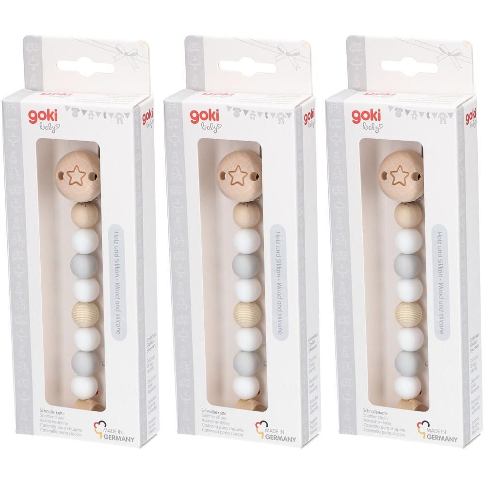 Speenketting van hout en siliconen kralen in grijs, wit en beige met sterrenmotief. Gemaakt in Duitsland.