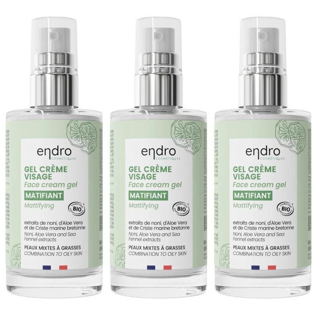 Trois flacons Endro Cosmétiques Gel Crème Visage Matifiant avec pompe.
