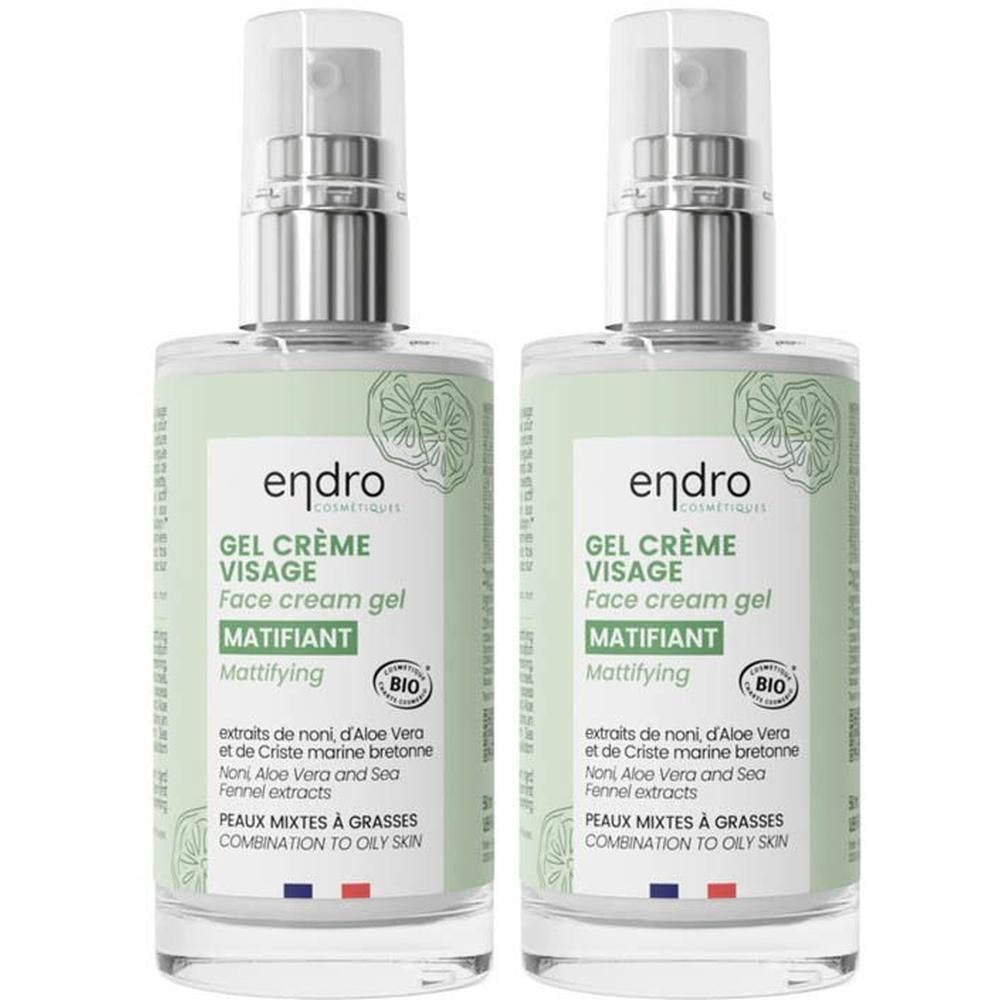Deux flacons Endro Cosmétiques Gel Crème Matifiant avec pompe.