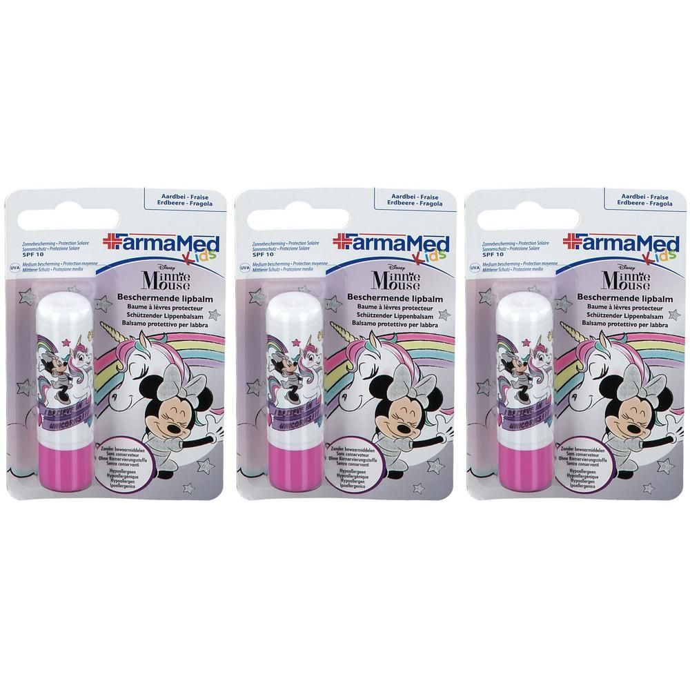 Trois baumes à lèvres Minnie Mouse avec motif licorne et protection solaire SPF 15.