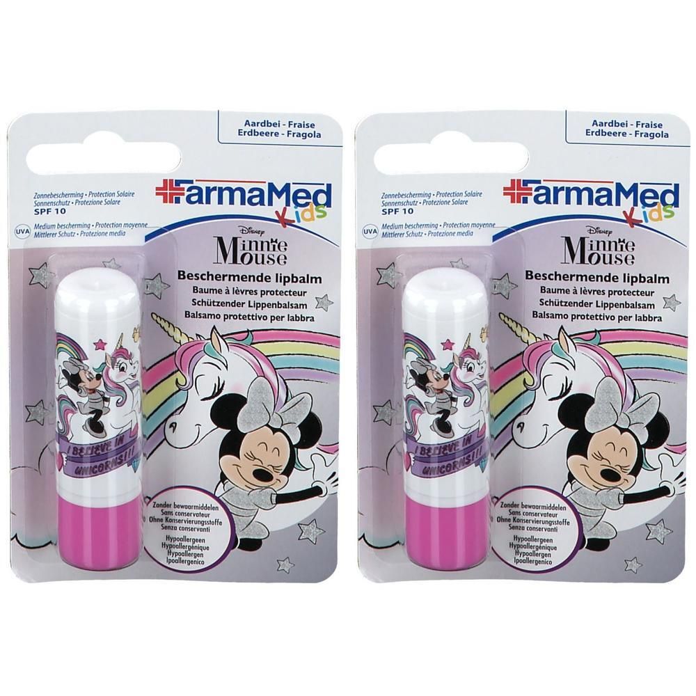 Deux baumes à lèvres Minnie Mouse et licorne, SPF 10.