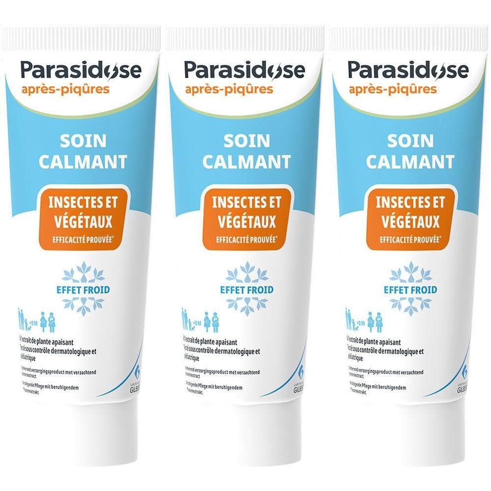 Trois tubes de soin calmant Parasidose pour piqûres d'insectes et de plantes.