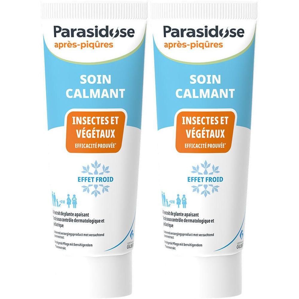 Deux tubes de Parasidose soin calmant après-piqûres. Pour insectes et végétaux.