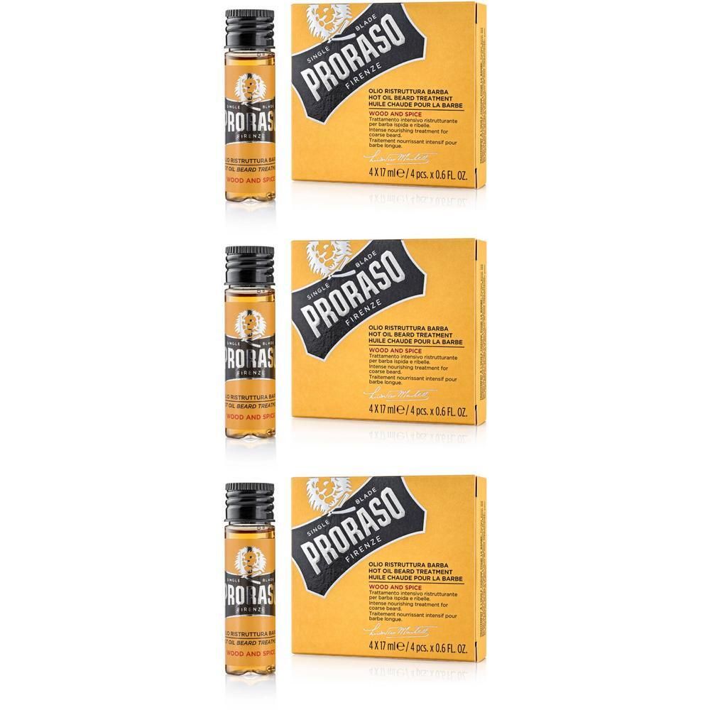 Drie Proraso Wood & Spice Hot Oil Baardbehandeling sets. Elke set bevat een klein glazen flesje met olie en een gele kartonnen verpakking.