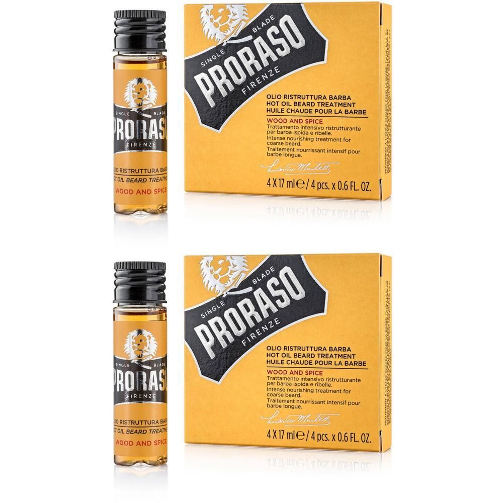 Deux huiles chaudes Proraso Wood & Spice pour barbe en flacons et boîtes.