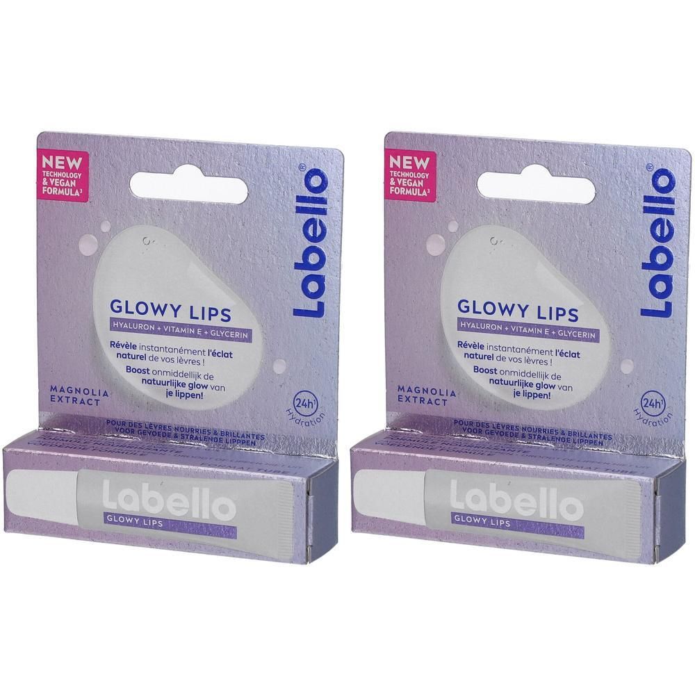 Twee verpakkingen Labello GLOWY LIPS lippenbalsem met hyaluronzuur, vitamine E en glycerine.