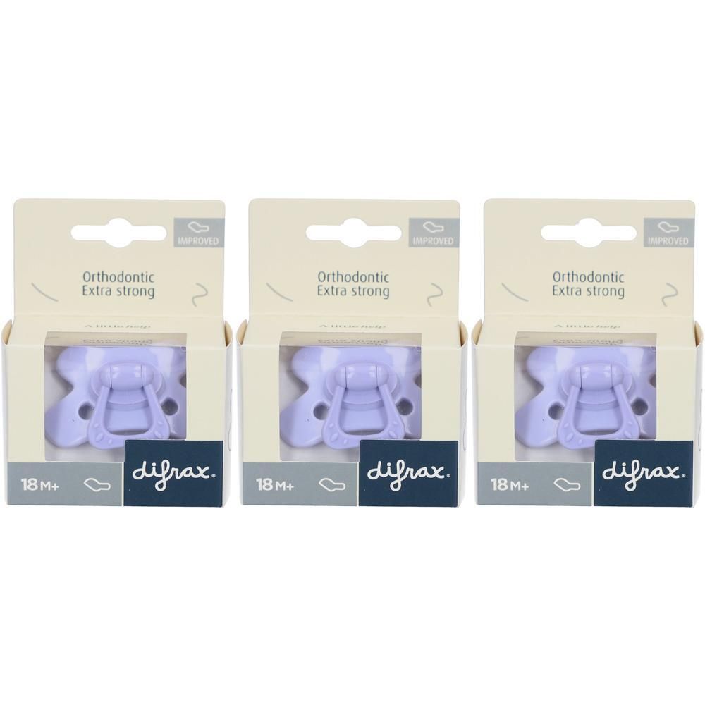 Trois sucettes Difrax lilas, 18M+, orthodontiques.