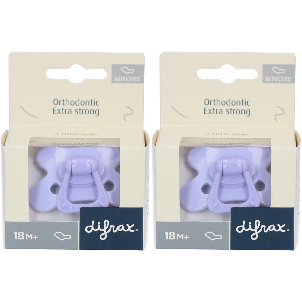 Deux sucettes orthodontiques Difrax lilas, 18M+, en emballage.