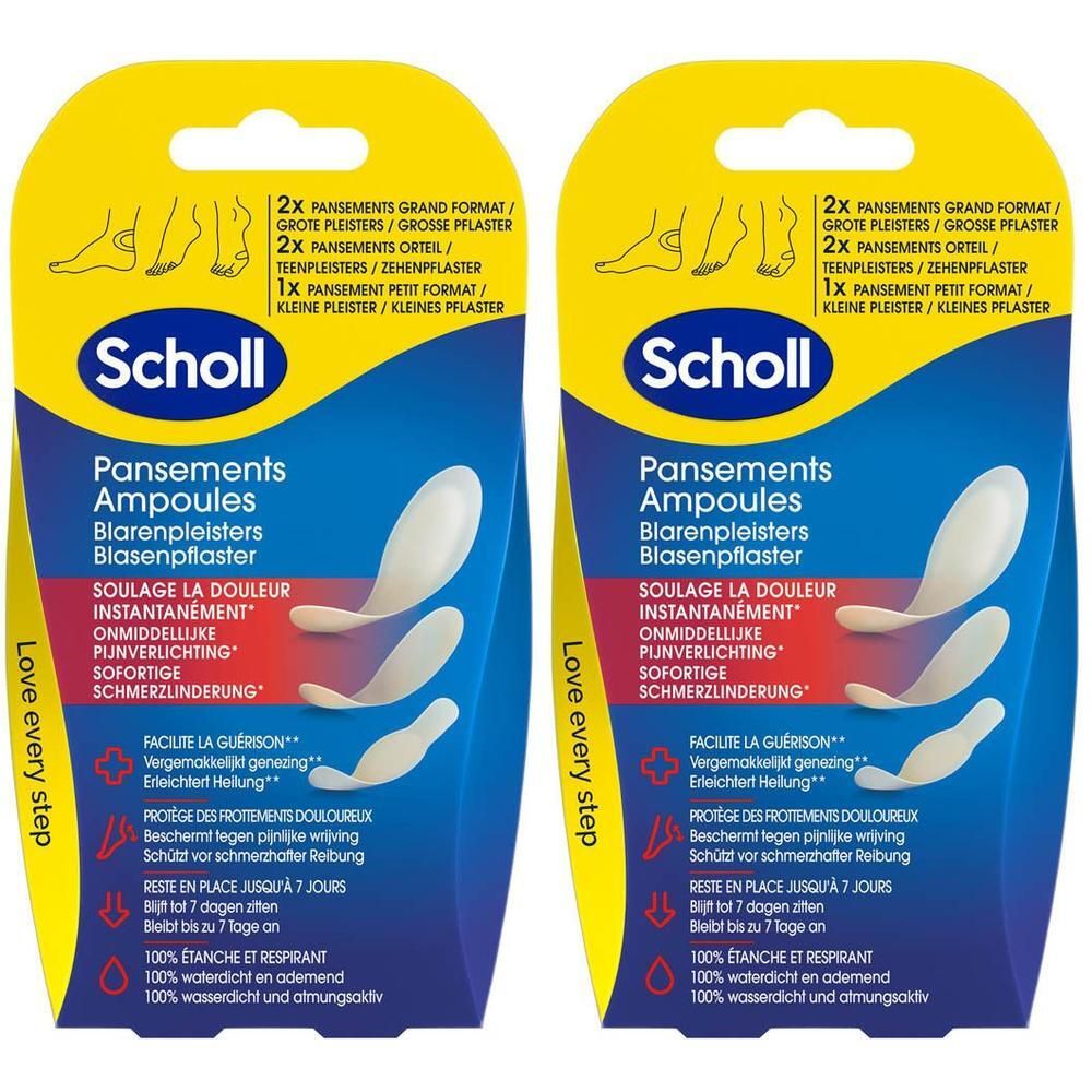 Deux paquets de pansements ampoules Scholl, tailles variées : 2x grand, 2x moyen, 1x petit. Imperméables et respirants.