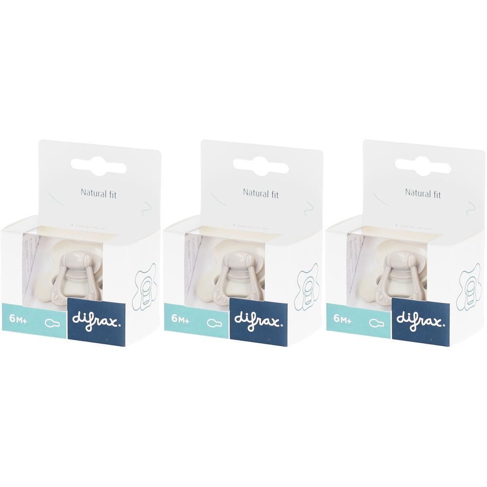 Trois sucettes Difrax en emballage, 6M+ Natural Fit, gris.