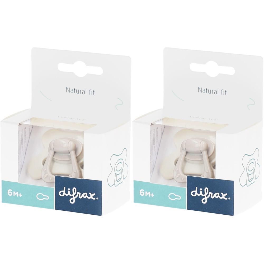 Deux sucettes Difrax "Natural Fit" pour bébés dès 6 mois, coloris Gris-Agathe, emballées.