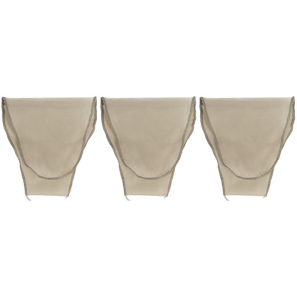 Trois pochettes en tissu beige avec couture grise, présentées individuellement sur fond blanc.