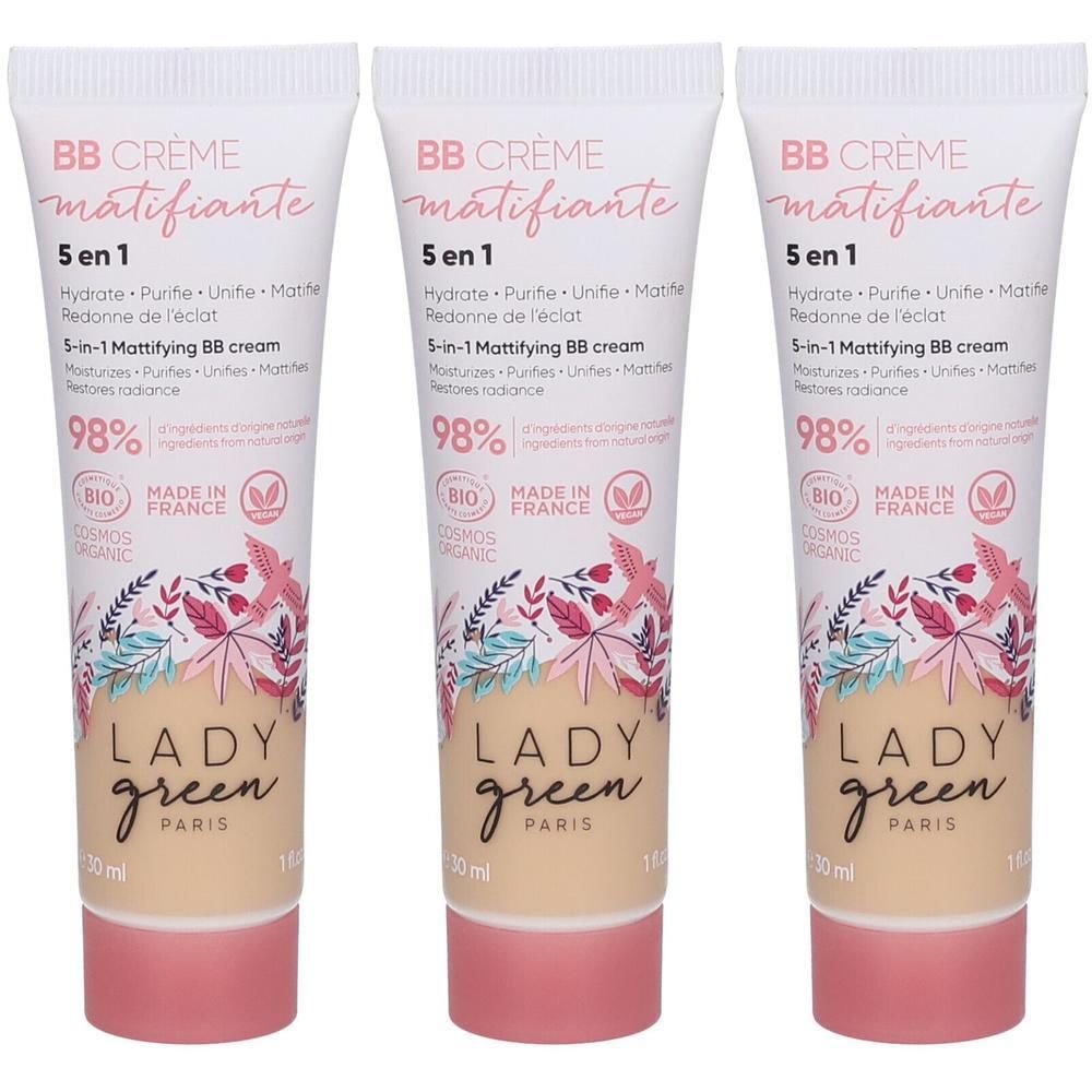 Drie tubes Lady Green BB Crème Matifiante 5 in 1, 30 ml. 98% ingrediënten van natuurlijke oorsprong, BIO, Made in France.