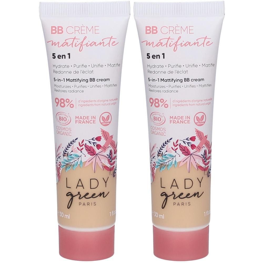 Deux tubes de Lady Green BB Crème Matifiante 5 en 1, 30 ml. Certifié Bio, Made in France.